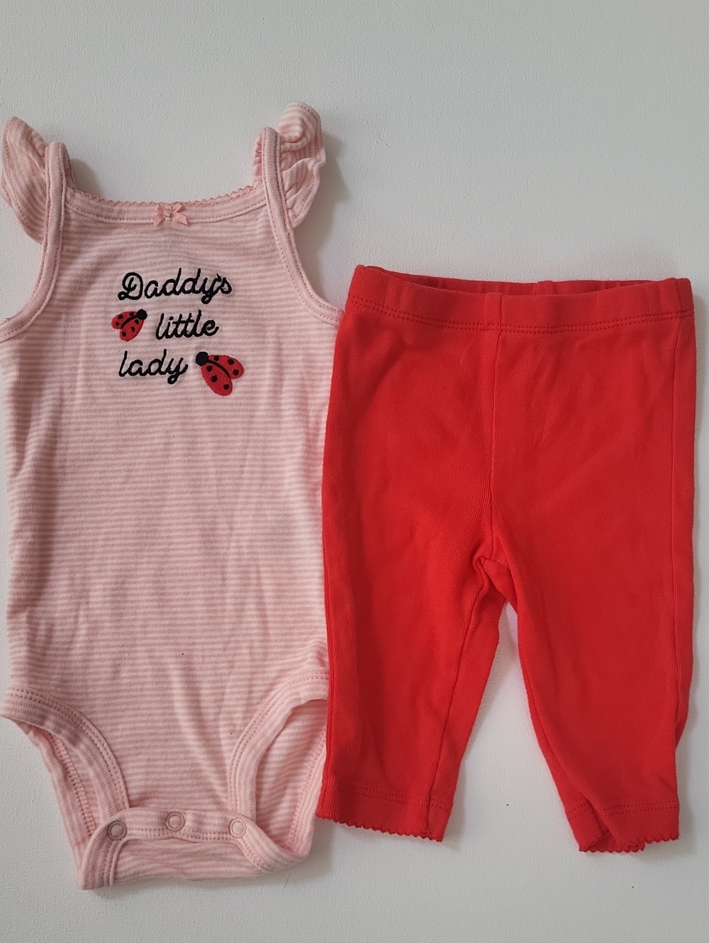 EUC 3m Pink Striped Sleeveless Baby Bodysuit & Red Leggings Ladybug Set